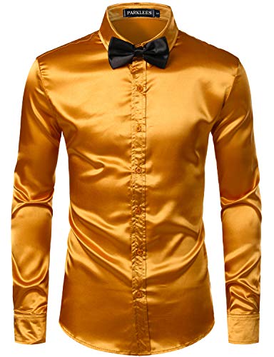 PARKLEES Herren Glänzend Slim Fit Satin Langarmhemd Frezeit Business Hemd für Party Nachtclub CL14 Golden S von PARKLEES