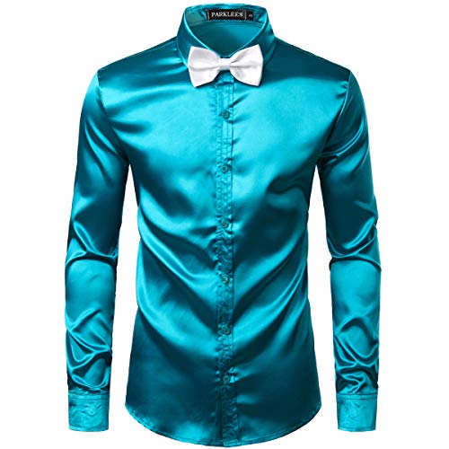 PARKLEES Herren Glänzend Slim Fit Satin Langarmhemd Frezeit Business Hemd für Party Nachtclub CL14 Türkis S von PARKLEES