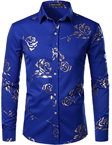 PARKLEES Herren Golden Rose Geblümt Slim Fit Casual Langarm Hemd Freizeithemd PZ56 Blau S von PARKLEES