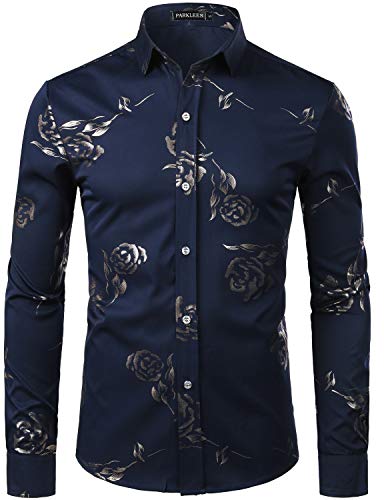 PARKLEES Herren Golden Rose Geblümt Slim Fit Casual Langarm Hemd Freizeithemd PZ56 Navy XL von PARKLEES