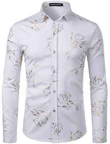 PARKLEES Herren Golden Rose Geblümt Slim Fit Casual Langarm Hemd Freizeithemd PZ56 Weiß M von PARKLEES