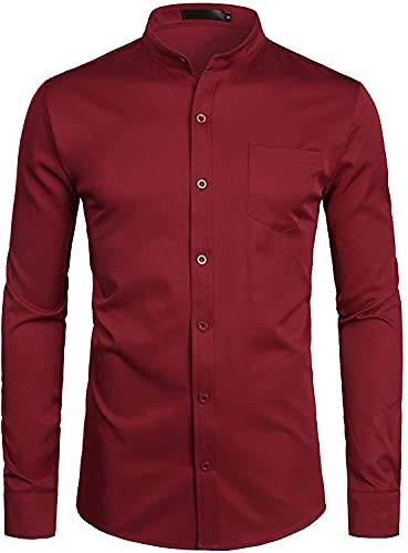 PARKLEES Herren Grandad Kragen Smart Dress Shirt Slim Fit Langarm Knopfleiste Hemden mit Tasche, burgunderfarben, M von PARKLEES