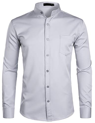 PARKLEES Herren Grandad Kragen Smart Dress Shirt Slim Fit Langarm Knopfleiste Hemden mit Tasche, Rauchgrau, S von PARKLEES