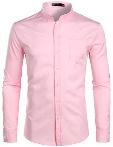 PARKLEES Herren Großvater Kragen Smart Kleid Hemd Slim Fit Langarm Knopfleiste Hemden mit Tasche, rose, XL von PARKLEES
