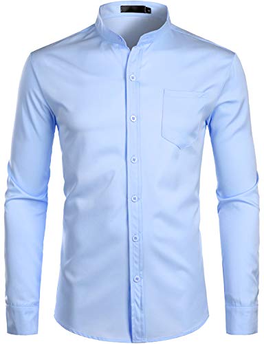 PARKLEES Herren Grandad Kragen Smart Dress Shirt Slim Fit Langarm Knopfleiste Hemden mit Tasche, hellblau, XL von PARKLEES