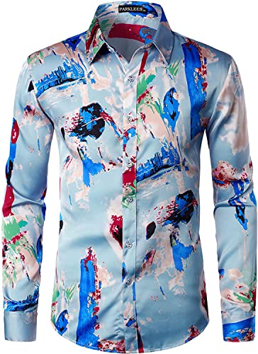 PARKLEES Herren Hipster Seide gedruckt Slim Fit Langarm Knopfleiste Satin Kleid Shirts, Zlcl36-101-blue, L von PARKLEES