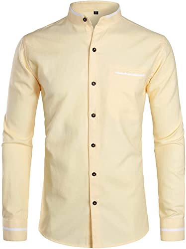 PARKLEES Herren Hipster-Design Grandad-Kragen Oxford-Hemd Slim Fit Langarm Casual Button Down Kleid Hemden mit Tasche, Pz113-leichter Mais, XXL von PARKLEES