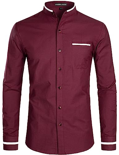 PARKLEES Herren Hipster-Design Grandad-Kragen Oxford-Hemd Slim Fit Langarm Casual Button Down Kleid Hemden mit Tasche, Pz113-Maroon, 3XL von PARKLEES