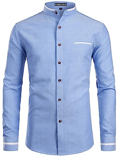 PARKLEES Herren Hipster Design Opa Kragen Oxford Hemd Slim Fit Langarm Casual Button Down Kleid Shirts mit Tasche, Pz113-Licht Blau, 3XL von PARKLEES