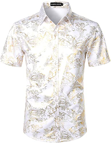 PARKLEES Herren Hipster Gold Rose Gedruckt Slim Fit Kurzarm Button Down Kleid Shirts, Cl23-Weißgold, L von PARKLEES