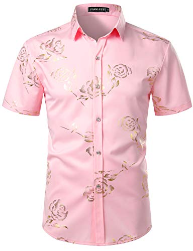 PARKLEES Herren Hipster Gold Rose Printed Slim Fit Kurzarm Button Down Kleid Shirts, Roségold, L von PARKLEES