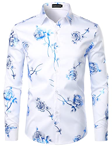 PARKLEES Herren Hipster Gold Rose Printed Slim Fit Langarm Kleid Shirts/Prom Performing Shirts, Zzcl22-white royal blue, M von PARKLEES