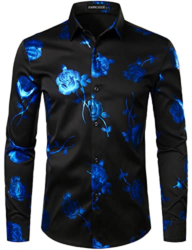 PARKLEES Herren Hipster Gold Rose Printed Slim Fit Langarm Kleid Shirts / Abschlussball Performing Shirts, Zzcl22-black royal blue, XL von PARKLEES