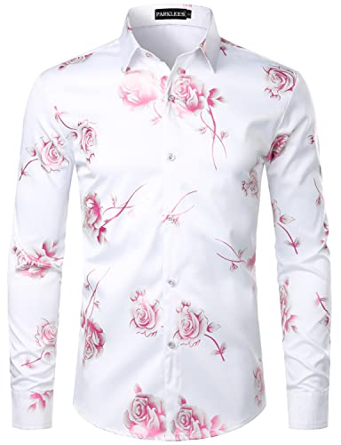 PARKLEES Herren Hipster Gold Rose Printed Slim Fit Langarm Kleid Shirts / Abschlussball Performing Shirts, Zzcl22-white pink, S von PARKLEES