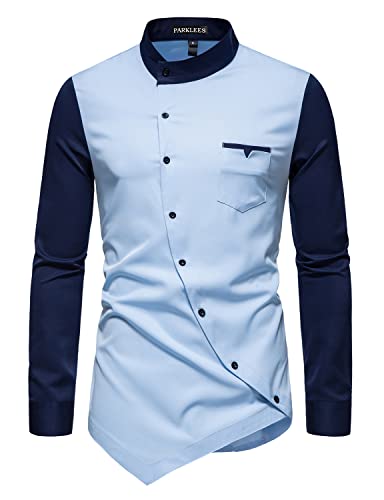 PARKLEES Herren Hipster Hemden mit unregelmäßigen, schrägen Knöpfen, schmale Passform, langärmelig, lässiger Großvater-Kragen, A07-blau, XL von PARKLEES