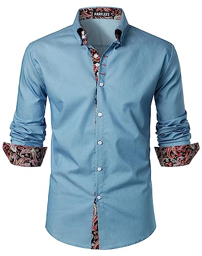 PARKLEES Herren Hipster Paisley Patchwork Design Slim Fit Langarm Knopfleiste Hemd, Hellblaues Paisleymuster, M von PARKLEES