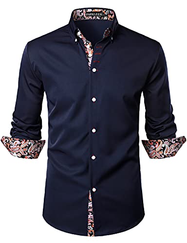 PARKLEES Herren Hipster Paisley Patchwork Design Slim Fit Langarm Knopfleiste Hemden, navy, S von PARKLEES