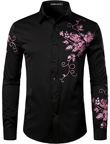 PARKLEES Herren Hipster Stickerei Design Slim Fit Langarm Button Down Kleid Shirts, Zzcl63-black pink, M von PARKLEES