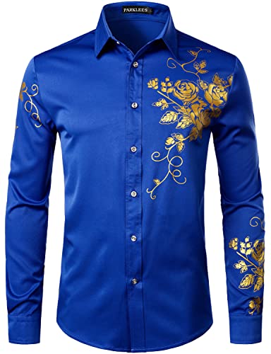 PARKLEES Herren Hipster Stickerei Design Slim Fit Langarm Button Down Kleid Shirts, Zzcl63-royal blue, M von PARKLEES