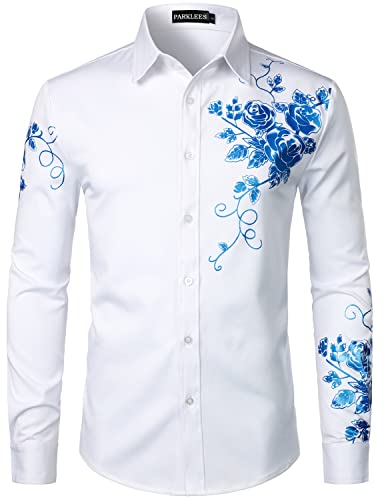 PARKLEES Herren Hipster Stickerei Design Slim Fit Langarm Button Down Kleid Shirts, Zzcl63-white royal, L von PARKLEES