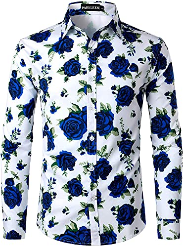 PARKLEES Herren Hipster Urban Design Polyester 3D Printed Slim Fit Langarm Button Up Kleid Shirts, White Royal, XL von PARKLEES