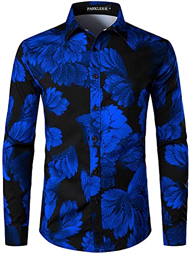 PARKLEES Herren Hipster Urban Design Polyester 3D Gedruckt Slim Fit Langarm Button Up Kleid Shirts, königsblau, S von PARKLEES