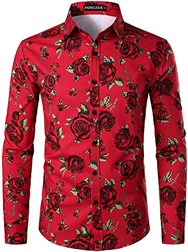 PARKLEES Herren Hipster Urban Design Polyester 3D gedruckt Slim Fit Langarm Knopfleiste Hemd, rote rose, S von PARKLEES