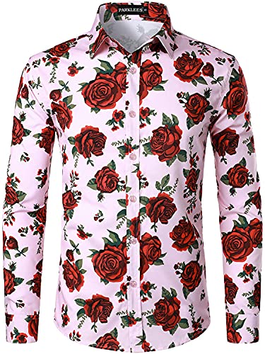 PARKLEES Herren Hipster Urban Design Polyester 3D gedruckt Slim Fit Langarm Knopfleiste Hemd, rosa / rot, M von PARKLEES