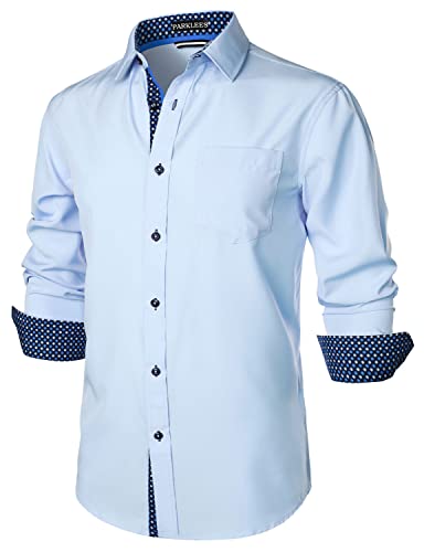 PARKLEES Herren Hipster Urban Design Regular Fit Langarm Casual Business Button Up Kleid Hemden mit Tasche, hellblau, M von PARKLEES