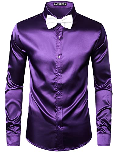 PARKLEES Herrenhemd aus glänzendem seidenähnlichem Satin, langärmelig, für Party, Disco, Abschlussball, dunkelviolett, XL von PARKLEES