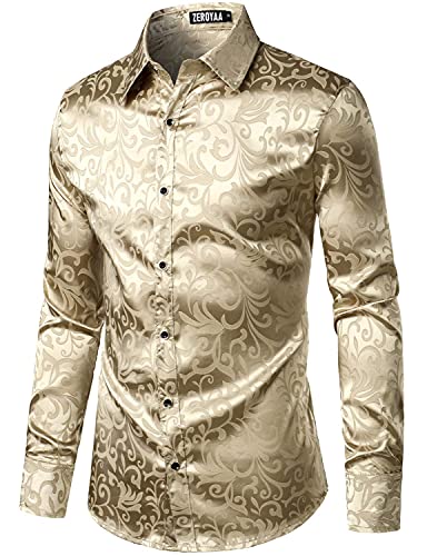 PARKLEES Luxuriöses Jacquard-Langarmhemd für Herren, schmale Passform, Satin, seidig, Blumenmuster, für Hochzeit, Party, Abschlussball, champagnerfarben, XL von PARKLEES