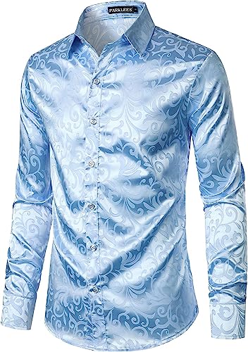 PARKLEES Herren Luxus Jacquard Langarm Kleid Hemd Slim Fit Satin Slik Like Floral Printend Shirts für Hochzeit Party Abschlussball, leuchtendes Blau, XL von PARKLEES