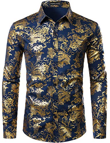 PARKLEES Herren Luxus Paisley Gemustert Golden Glänzend Slim Fit Freizeithemd ZLCL18 Navy Golden M von PARKLEES