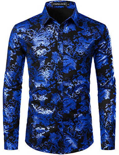 PARKLEES Herren Luxus Paisley Gemustert Golden Glänzend Slim Fit Freizeithemd ZLCL18 Schwarz Royal Blau L von PARKLEES