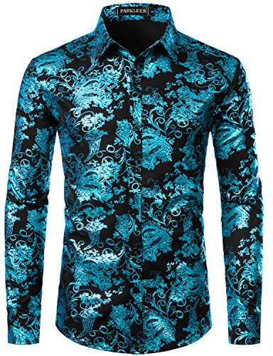 PARKLEES Herren Luxus Paisley Gemustert Golden Glänzend Slim Fit Freizeithemd ZLCL18 Schwarz Türkis L von PARKLEES