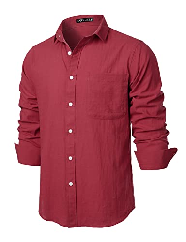 PARKLEES Herren Regular Fit Baumwolle wie Leinen Hemd Casual Langarm Button Down Shirts mit Tasche, Rotbraun, XL von PARKLEES