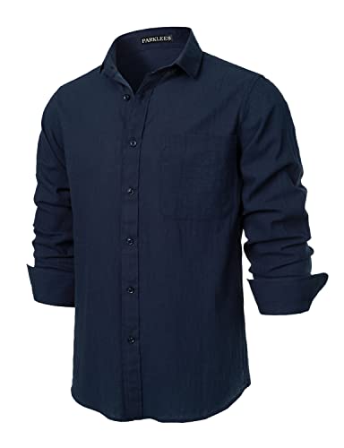 PARKLEES Herren Regular Fit Baumwolle wie Leinen Hemd Casual Langarm Button Down Shirts mit Tasche, marineblau, XXL von PARKLEES