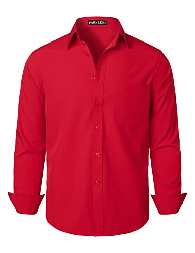 PARKLEES Herren Regular Fit Kleid Hemd Solide Faltenfrei Langarm Casual Business Button Up Hemden mit Tasche, Feuerrot, M von PARKLEES