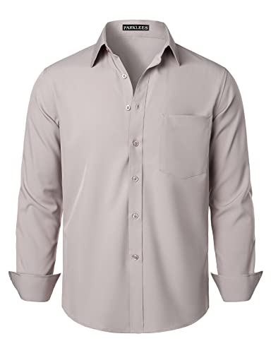 PARKLEES Herren Regular Fit Kleid Hemd Solid Faltenfrei Langarm Casual Business Button Up Shirts mit Tasche, Mandelgrau, S von PARKLEES