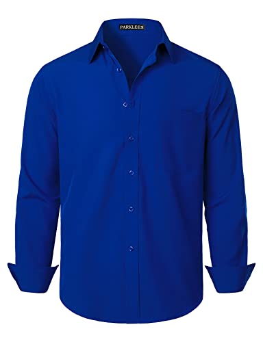PARKLEES Herren Regular Fit Kleid Hemd Solid Faltenfrei Langarm Casual Business Button Up Shirts mit Tasche, königsblau, L von PARKLEES