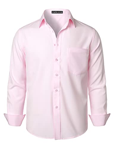 PARKLEES Herren Regular Fit Kleid Hemd Solide Faltenfrei Langarm Casual Business Button Up Hemden mit Tasche, rose, M von PARKLEES