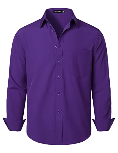 PARKLEES Herren Regular Fit Kleid Hemd Solid Faltenfrei Langarm Casual Business Button Up Shirts mit Tasche, violett, XXL von PARKLEES