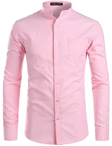 PARKLEES Herren Slim Fit Einfarbig Langarm Stehkragen Oxford Hemd mit Brusttasche PZ112 Rosa L von PARKLEES