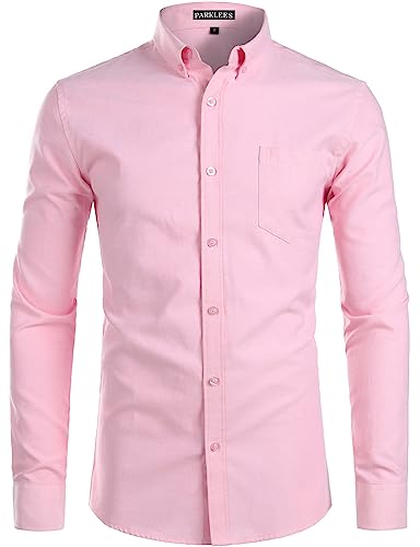 PARKLEES Herren Slim Fit Langarm Smart Casual Button Down Oxford Hemden, rose, 3XL von PARKLEES