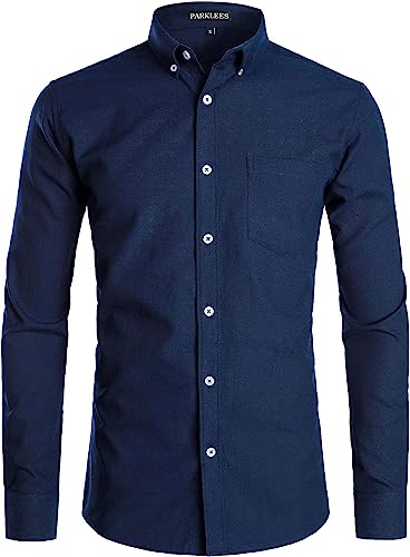 PARKLEES Herren Slim Fit Langarm Smart Casual Button Down Oxford Hemden, navy, XL von PARKLEES