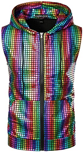 PARKLEES Herren Hipster Metallic Pailletten Reißverschluss Ärmellos Kapuzenweste T-Shirt mit Kängurutasche, SV17-Multicolor, XL von PARKLEES