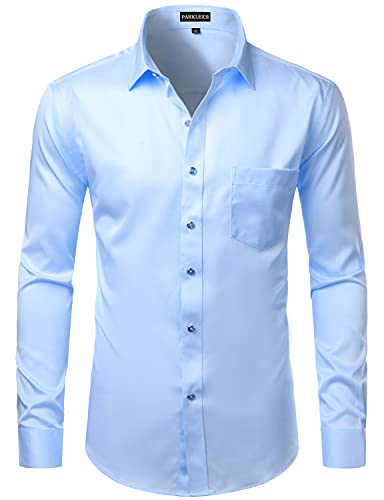 PARKLEES Herren Tailliert Freizeit Langarm Hemd Businesshemd für Hochzeit Business Blau XL von PARKLEES