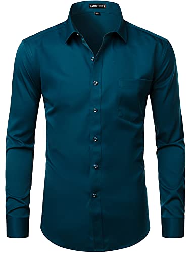 PARKLEES Herren Tailliert Freizeit Langarm Hemd Businesshemd für Hochzeit Business Teal XL von PARKLEES