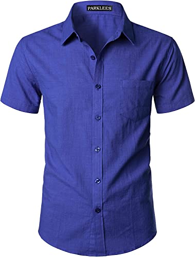 PARKLEES Herren Tailliertes Baumwollleinen Casual Kurzarm Knopfleiste Hemden Leichte Strandoberteile mit Tasche, reines Blau, 3XL von PARKLEES