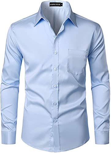 PARKLEES Herren Urban Stylish Casual Business Slim Fit Langarm Button Up Kleid Hemd mit Tasche, himmelblau, 3XL von PARKLEES